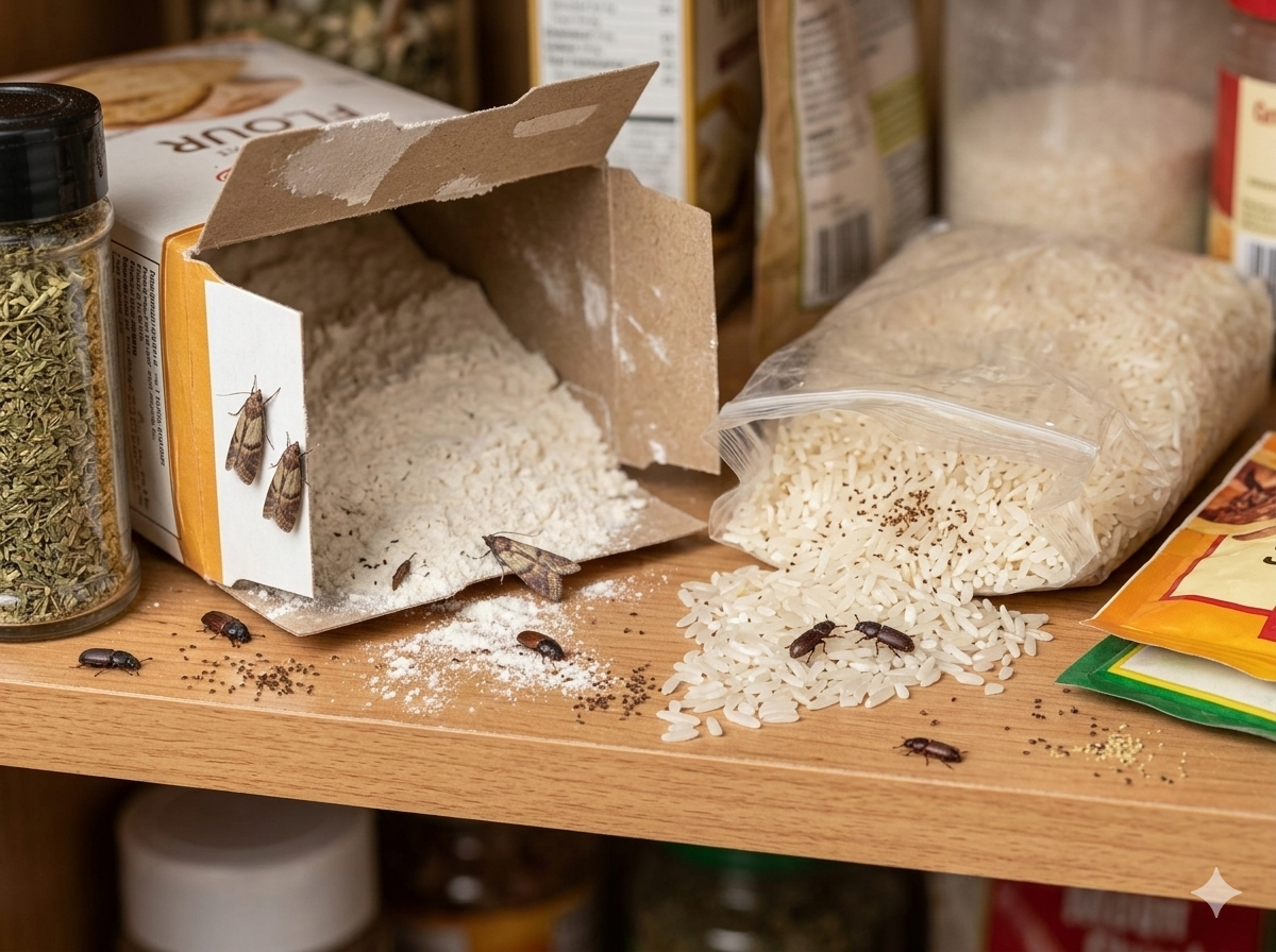 Käfer und Motten befallen geöffnete Mehl- und Reispackungen in einer Speisekammer