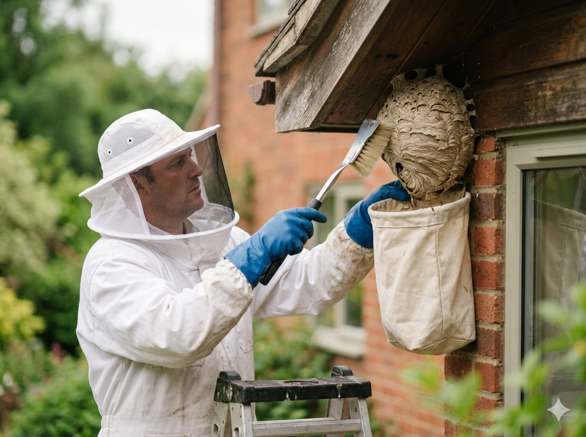 Schädlingsbekämpfer im Schutzanzug entfernt Wespennest an einem Gebäude